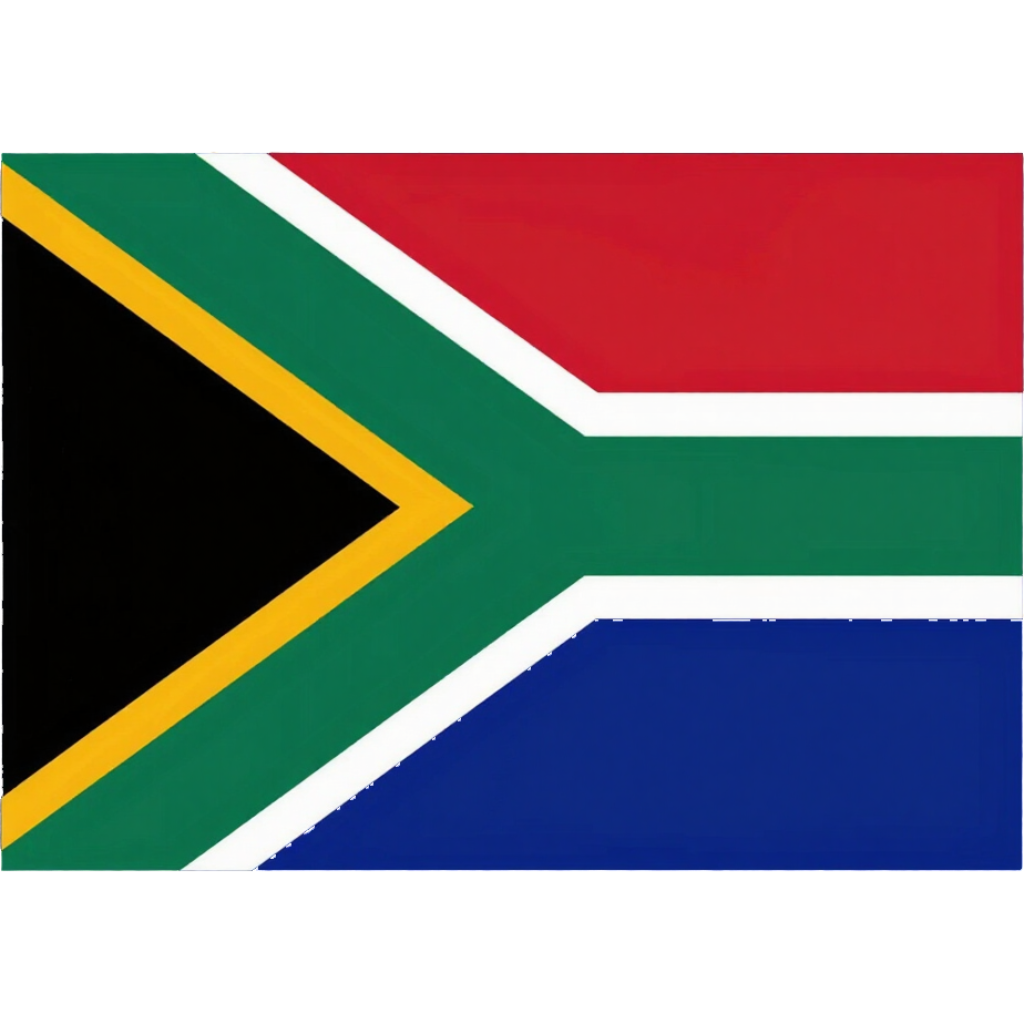 South African flag with green Y-shape, black triangle, and red, blue, white, and gold bands