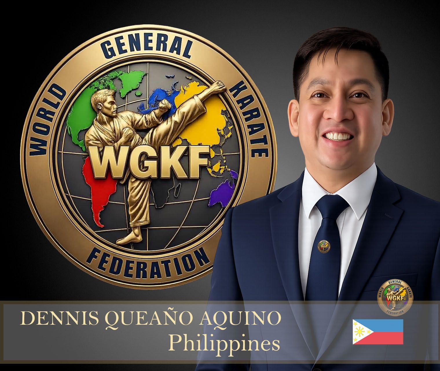 World General Karate Federation logo and a smiling man in a suit labeled Dennis Queño Aquino, Philippines