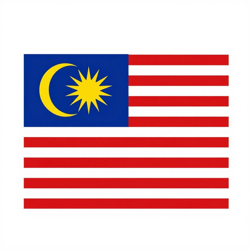 Malaysian flag with blue canton, yellow crescent and star, and red-and-white stripes