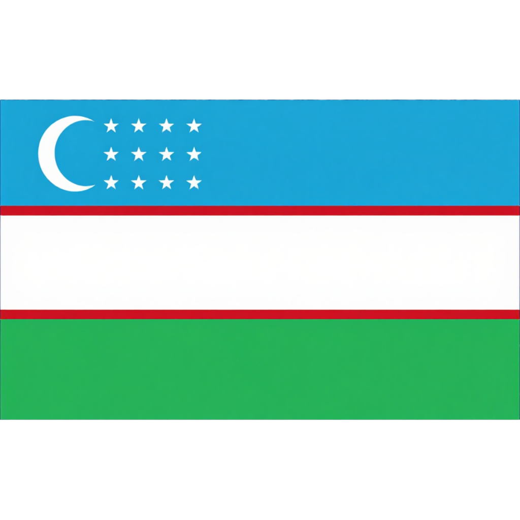 Flag of Uzbekistan with blue, white, and green stripes, red borders, and white stars and crescent on blue.