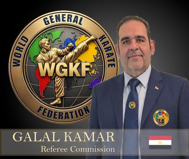 WKGF logo and Galal Kamar portrait with “Referee Commission” banner and Egypt flag