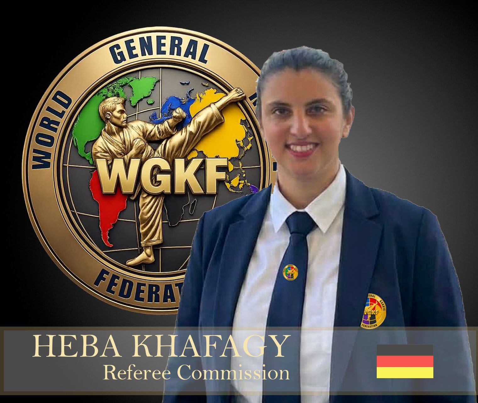 WGKF emblem beside a woman in a navy blazer; text reads “HEBA KHAFAGY” and “Referee Commission” with Egypt flag