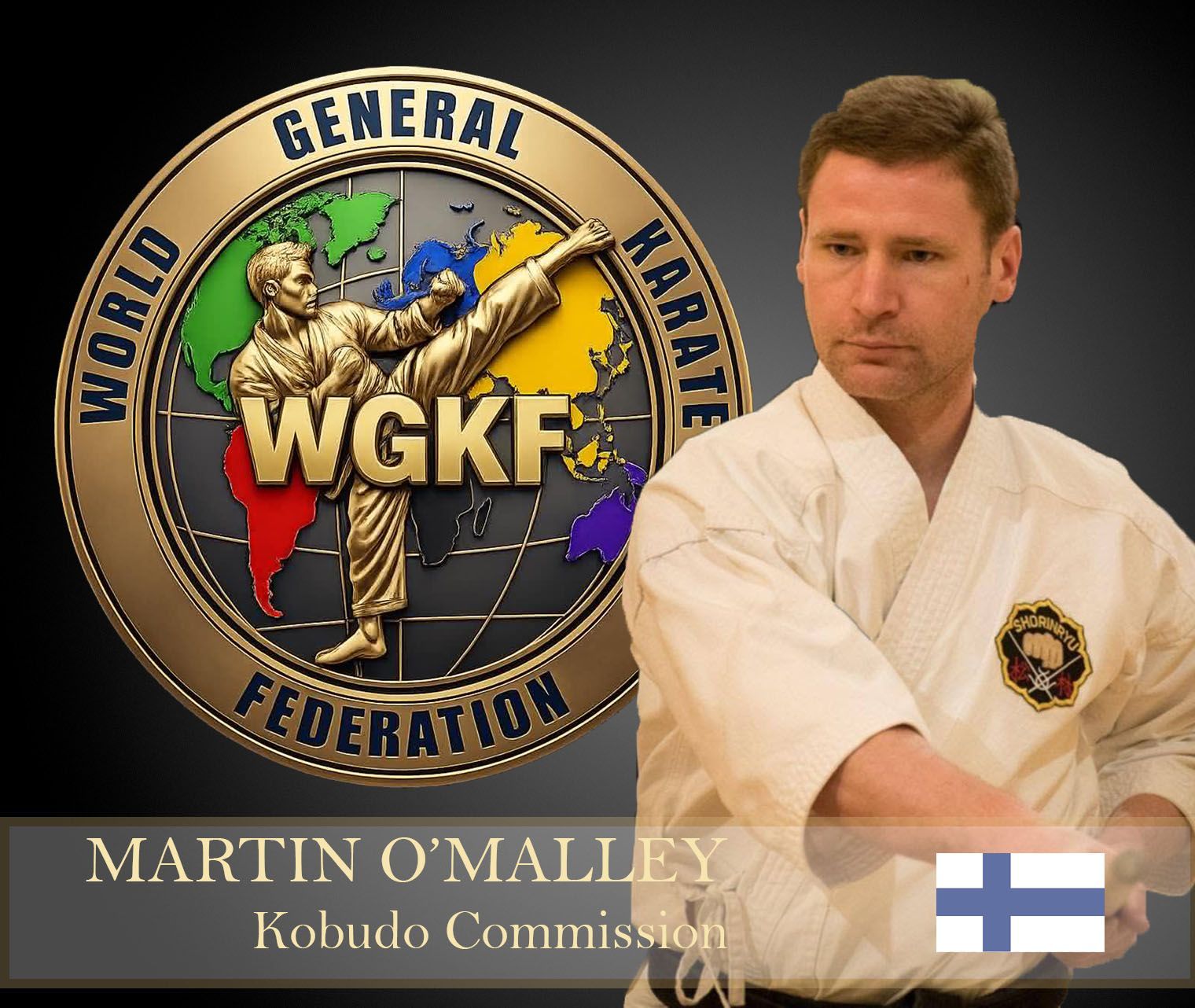 Martin O’Malley in a white gi beside the WGKF World Karate Federation logo, with Finnish flag.