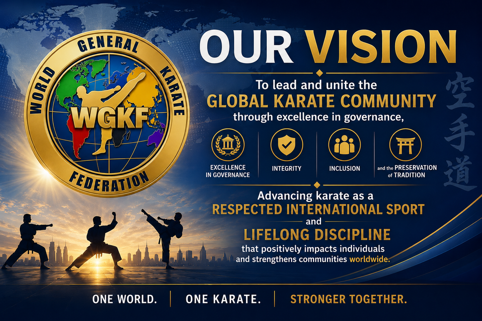 Blue martial arts vision poster with WKGF logo, karate silhouettes, and global community goals