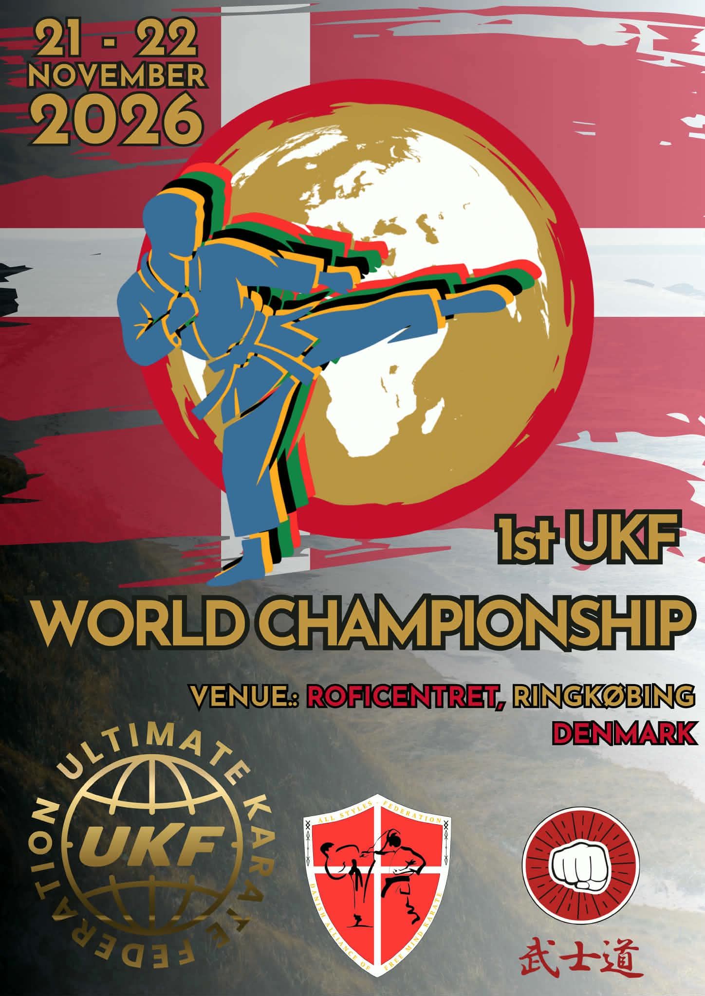ITKF Children’s World Cup poster with karate athlete, blue and gold design, event details in Arabic and English