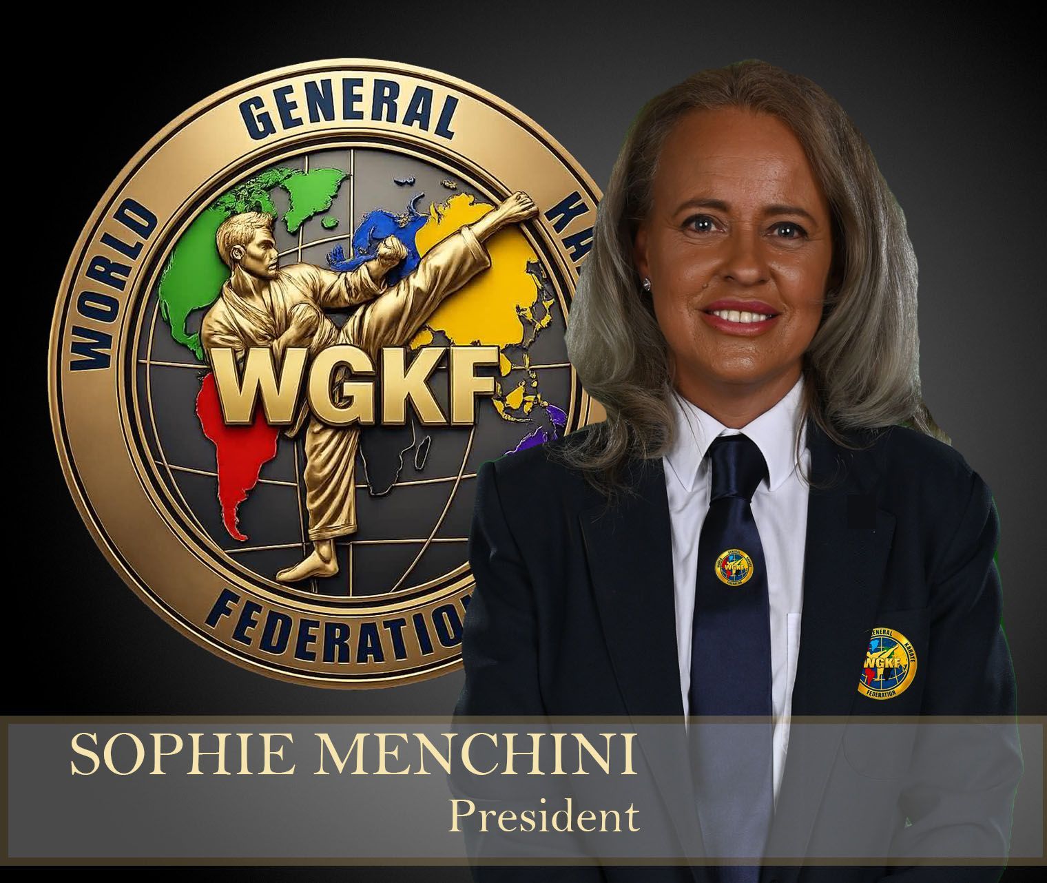 Portrait of Sophie Menchini beside a World General Federation WGKF logo, wearing a dark suit and smiling
