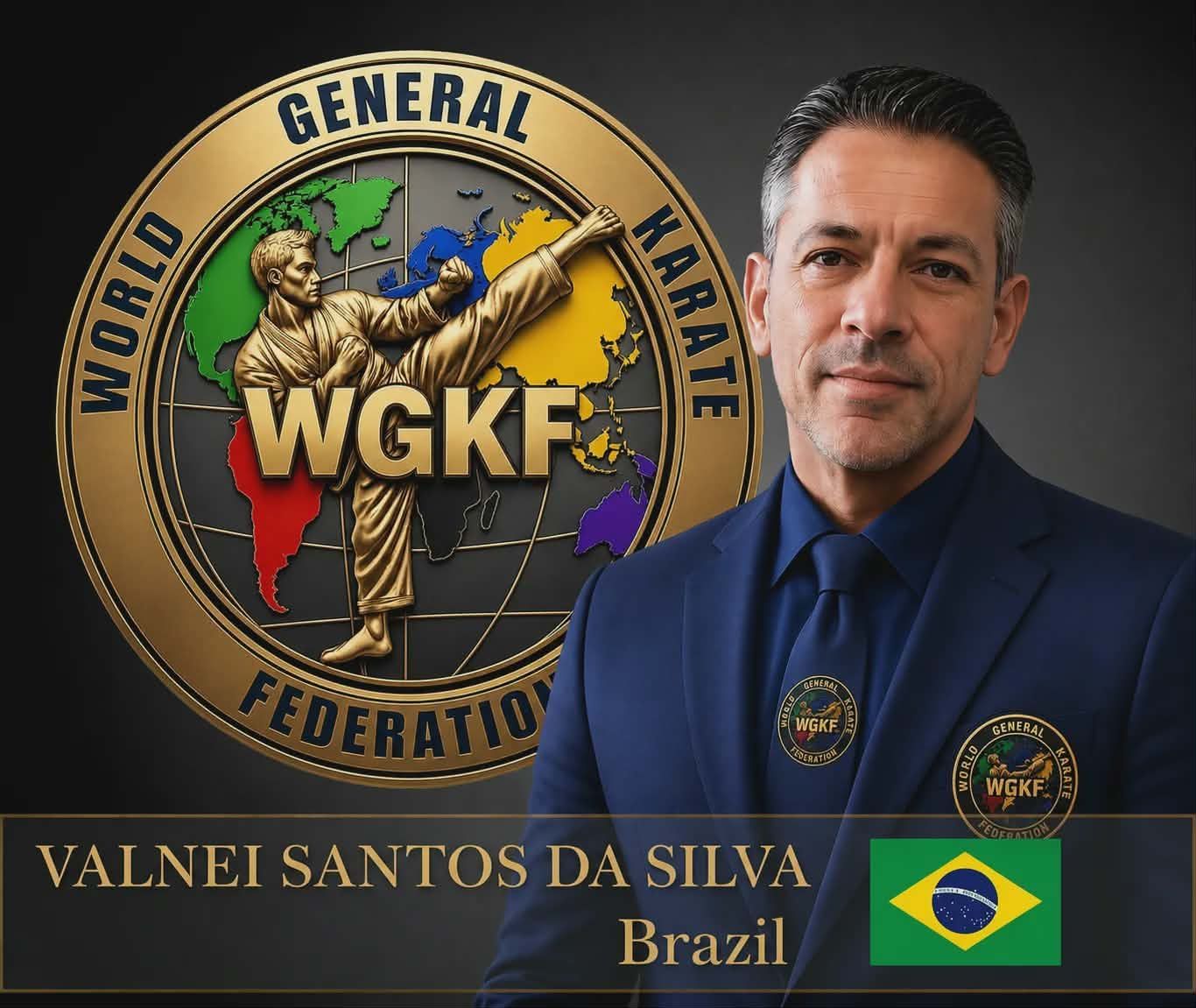 WGKF karate federation emblem beside a man in a navy suit labeled Vainei Santos da Silva, Brazil flags visible