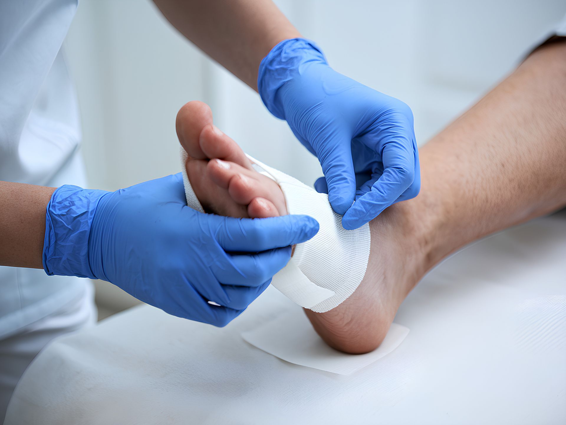 Gloved hands apply a white bandage to an ankle in a clinical setting