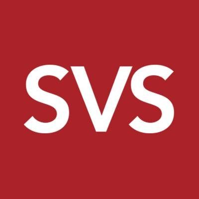 A white svs logo on a red background