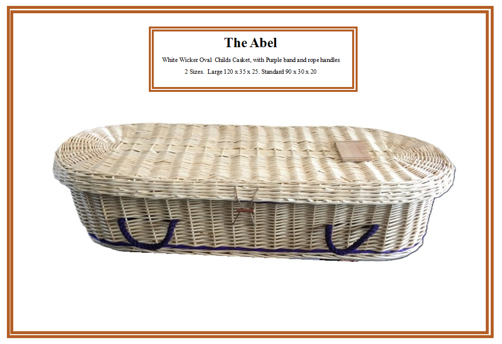 The Abel: A natural-coloured, woven wicker casket with dark blue fabric handles— Hand Woven Caskets Company in Port Macquarie, NSW