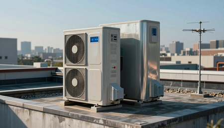 Air conditioning unit on a yellow building roof against a blue sky.