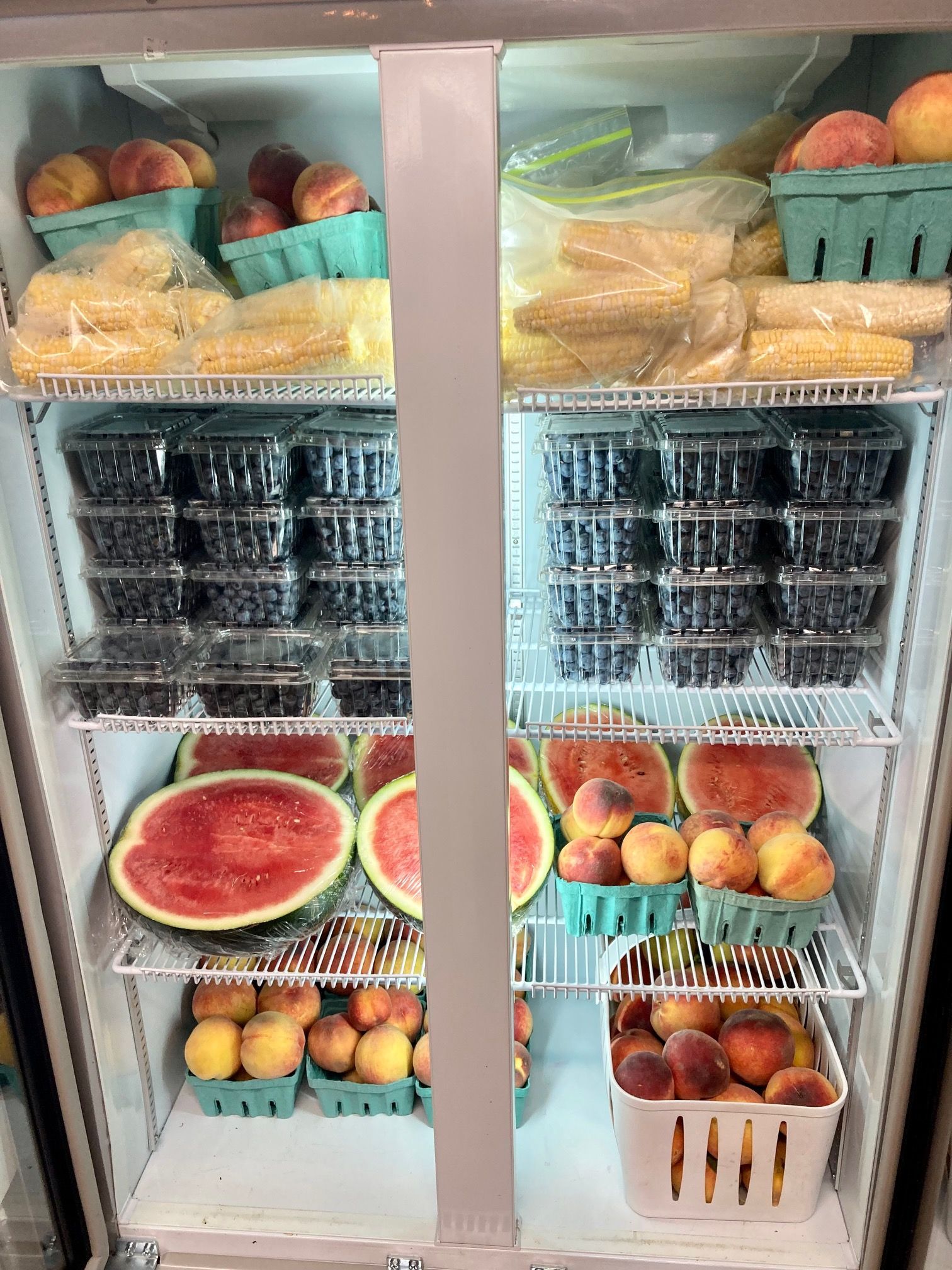Refrigerated produce case with trays of fruit including watermelon, grapes, peaches, & citrus Grasshopper Farms Knightdale NC