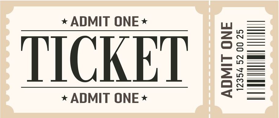 Vintage beige admit-one ticket with bold black “TICKET” text and a stub on the right. Grasshopper Farms Knightdale, NC
