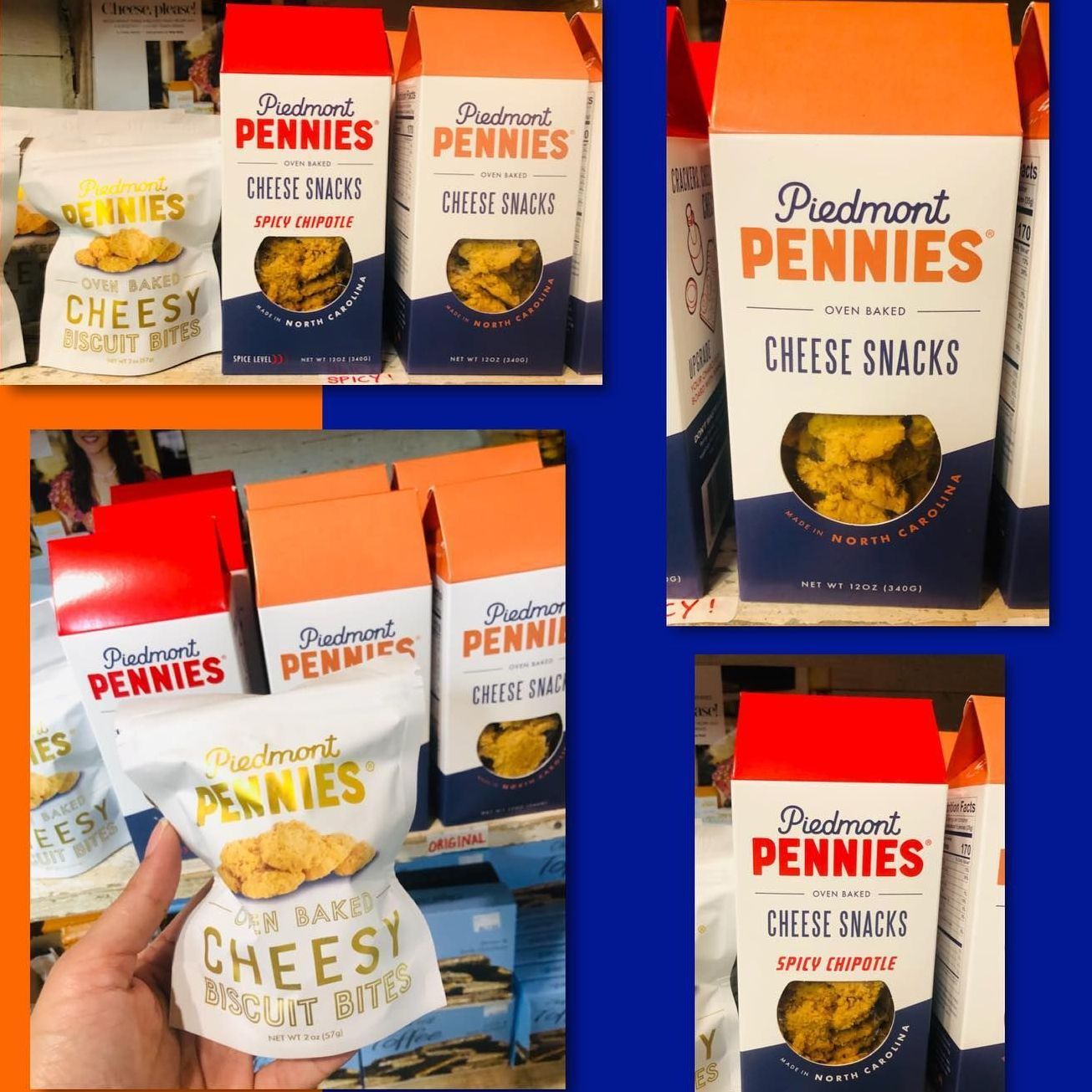 Assorted Piedmont Pennies cheese snack bags & boxes with orange, blue, & white packaging. Grasshopper Farms Knightdale, NC