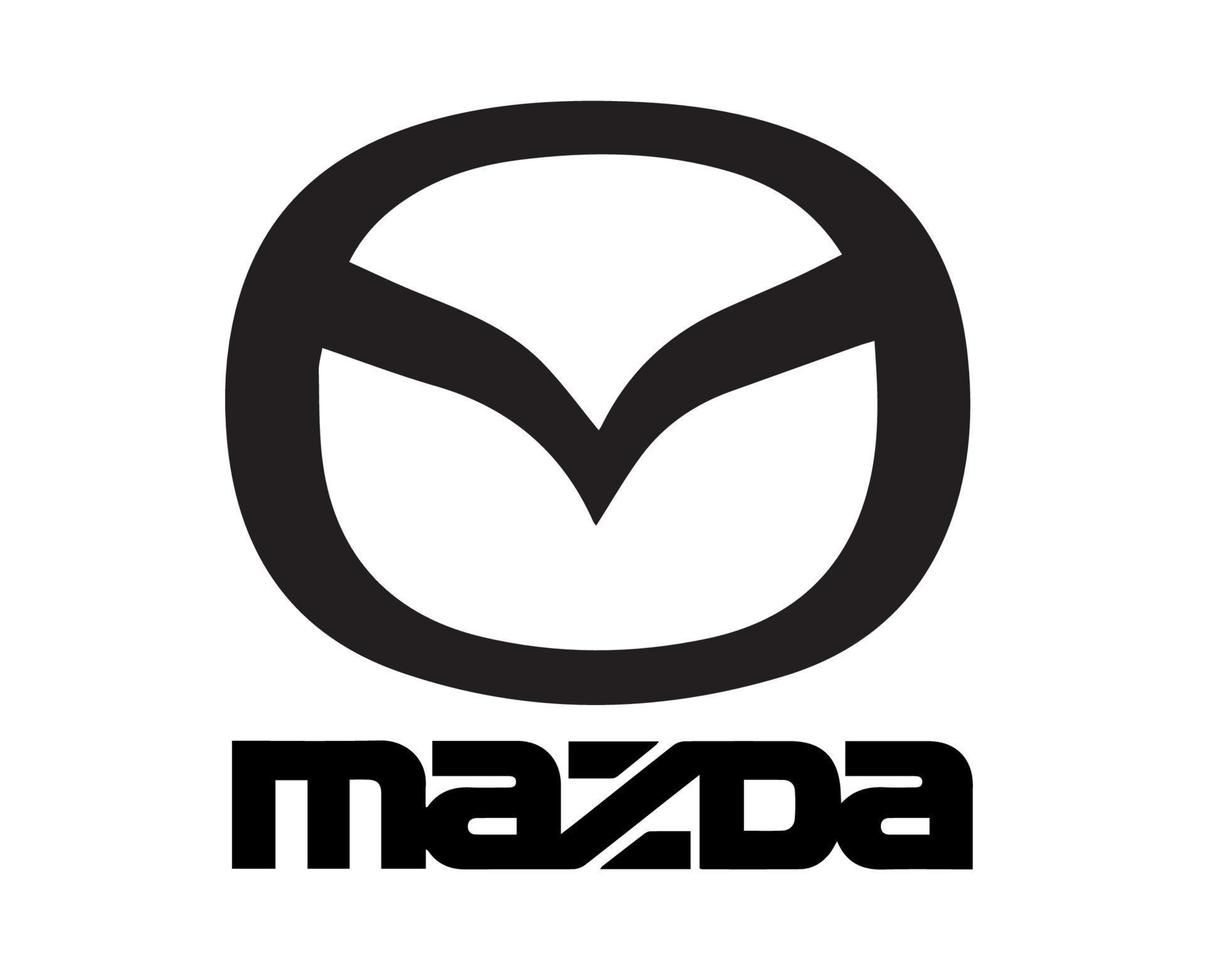 Zwart Mazda-logo met gestileerd embleem en woordmerk.