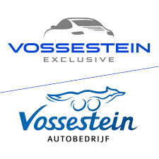 Twee blauwe autologo's: Vossestein Exclusive met auto-icoon en Vossestein Autobedrijf met lijntekening van een auto.