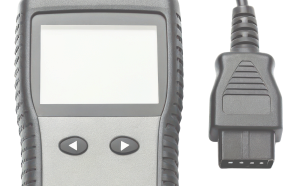 Diagnostic scan tool with cable, grey and black, for automotive use.