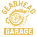 Gold Gearhead Garage logo with a stylized turbo and gear icon in yellow text on white background