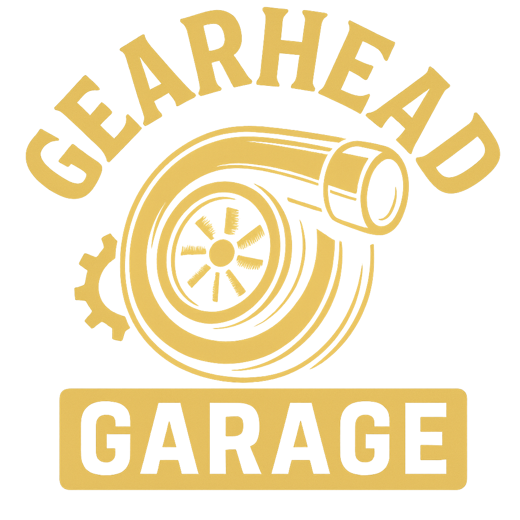 Gold Gearhead Garage logo with a stylized turbo and gear icon in yellow text on white background
