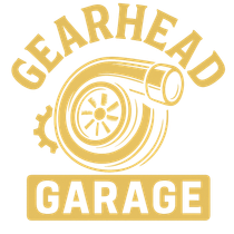 Gold Gearhead Garage logo with a stylized turbo and gear icon in yellow text on white background