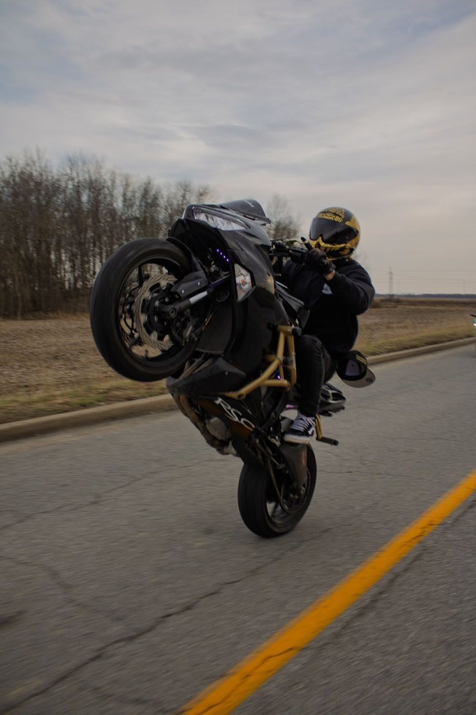 Motorcyclist doing a wheelie on a road, with bare trees and cloudy sky in the background