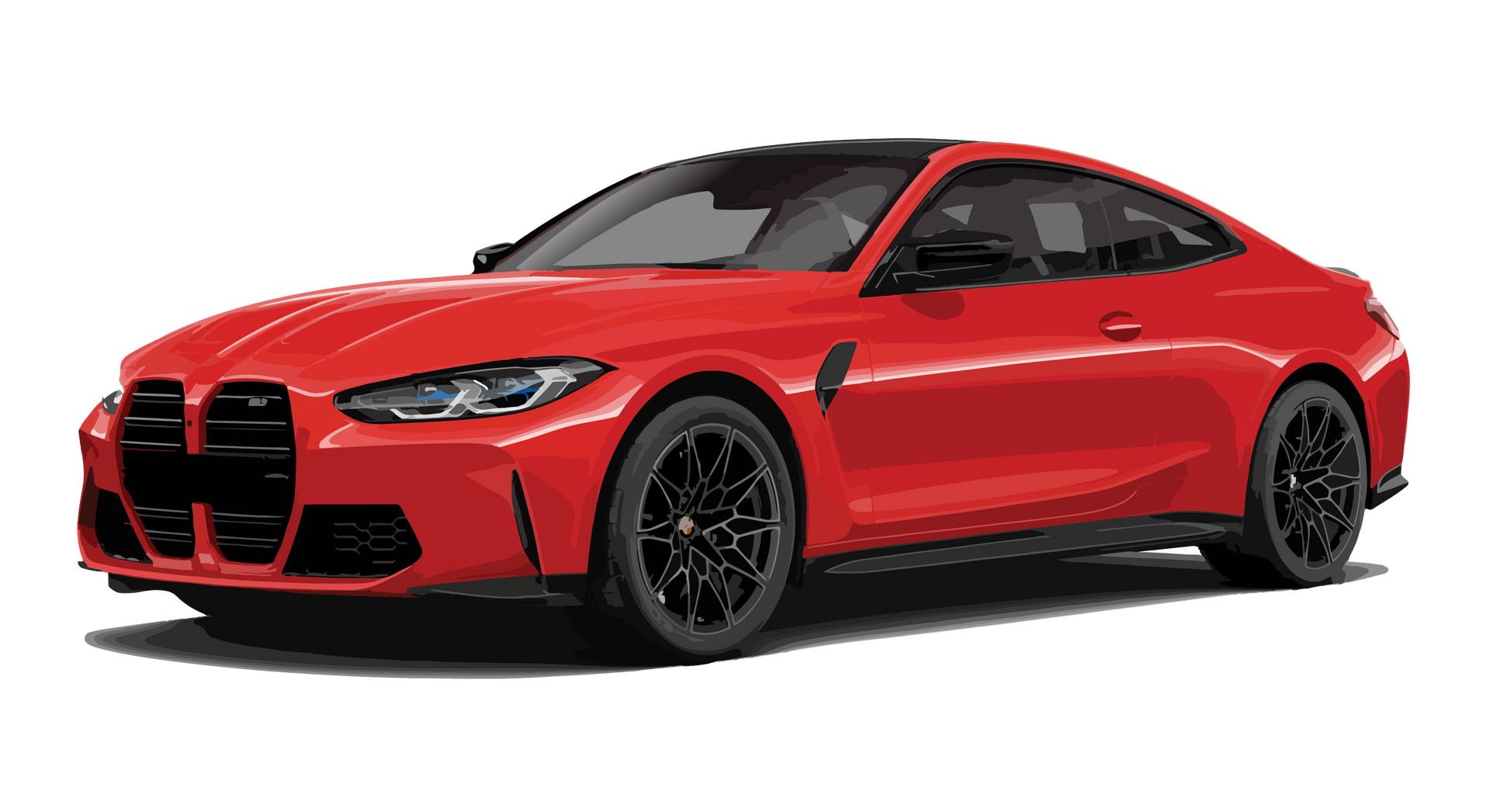 Red sports coupe with black roof and wheels, shown in side view on a white background