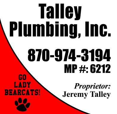 Talley Plumbing, Inc. ad with phone number, red-and-white logo, and “Go Lady Bearcats!” paw print.