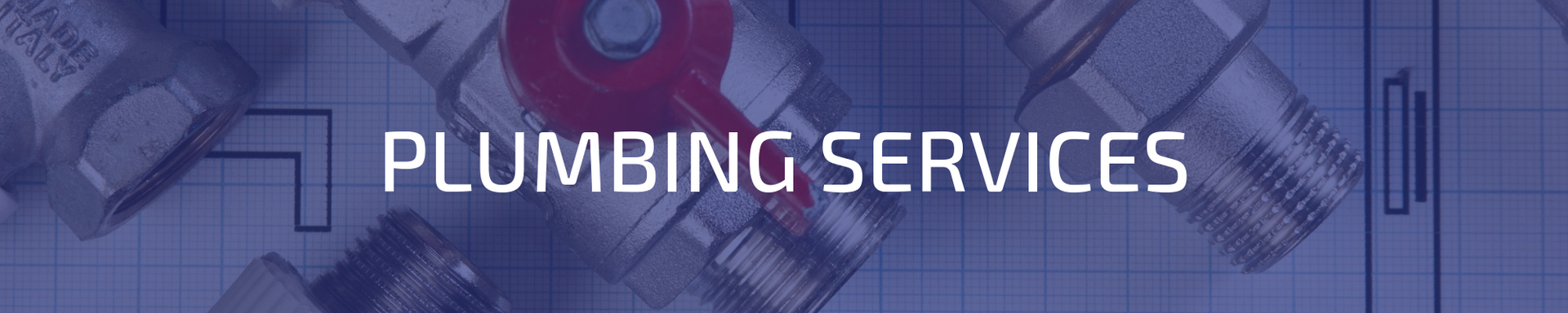 Blue “Plumbing Services” banner with pipe and wrench graphics