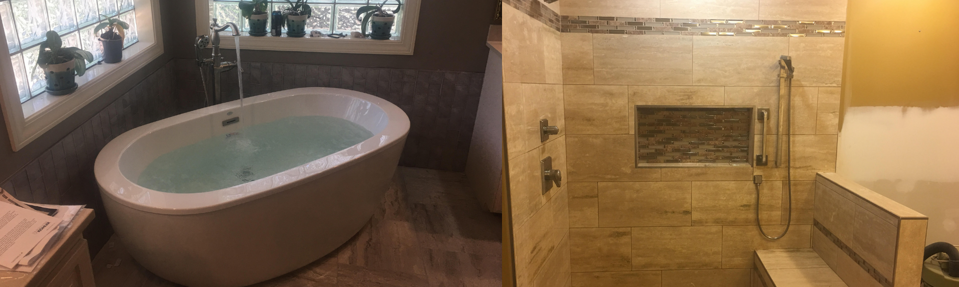 Bathroom with a white soaking tub by a window and a tan tiled shower with bench and niche.