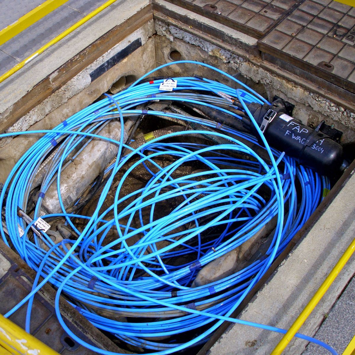 A bunch of blue wires are in a manhole cover