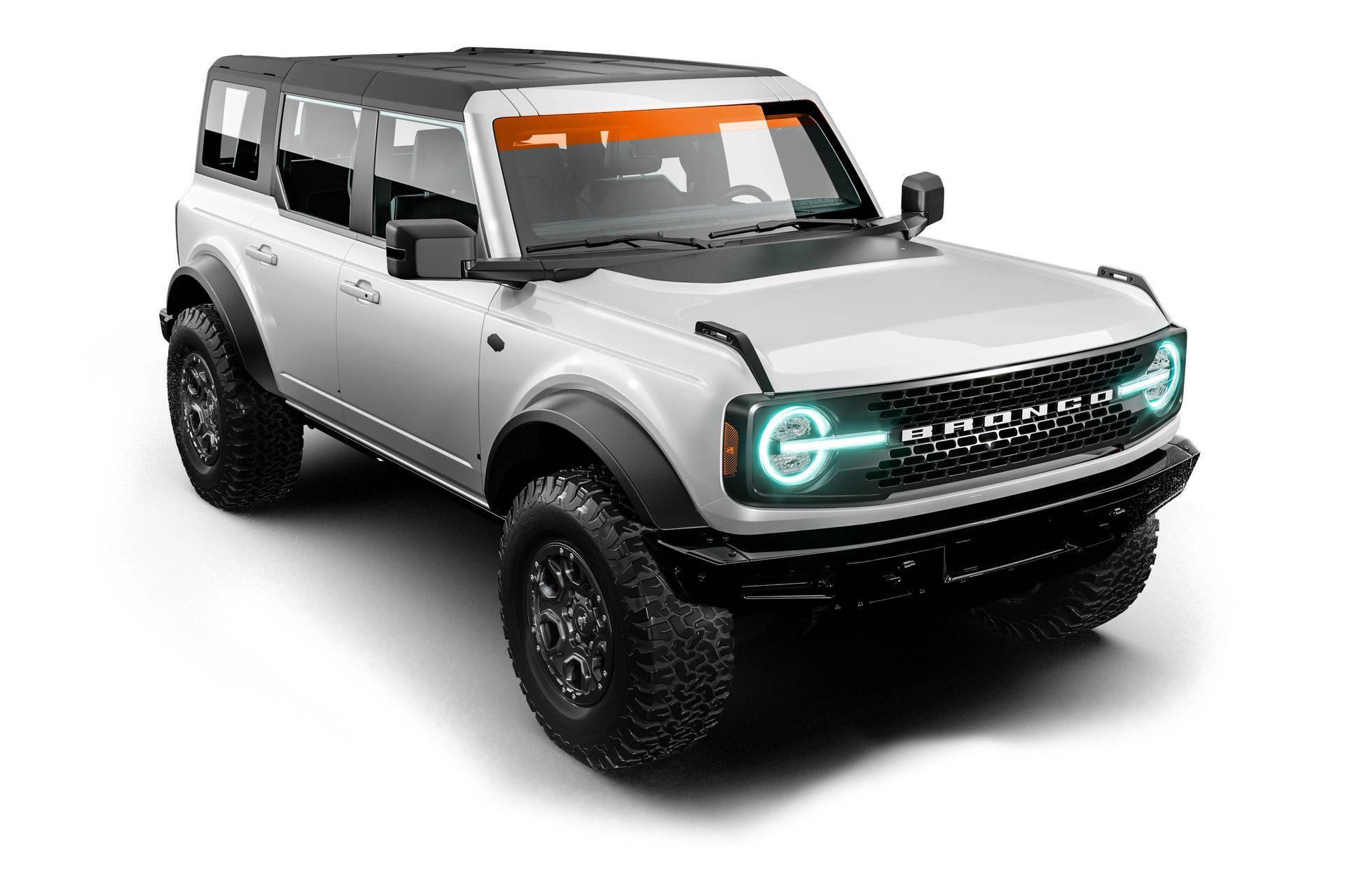 White off-road SUV with black wheels and glowing teal headlights on a white background