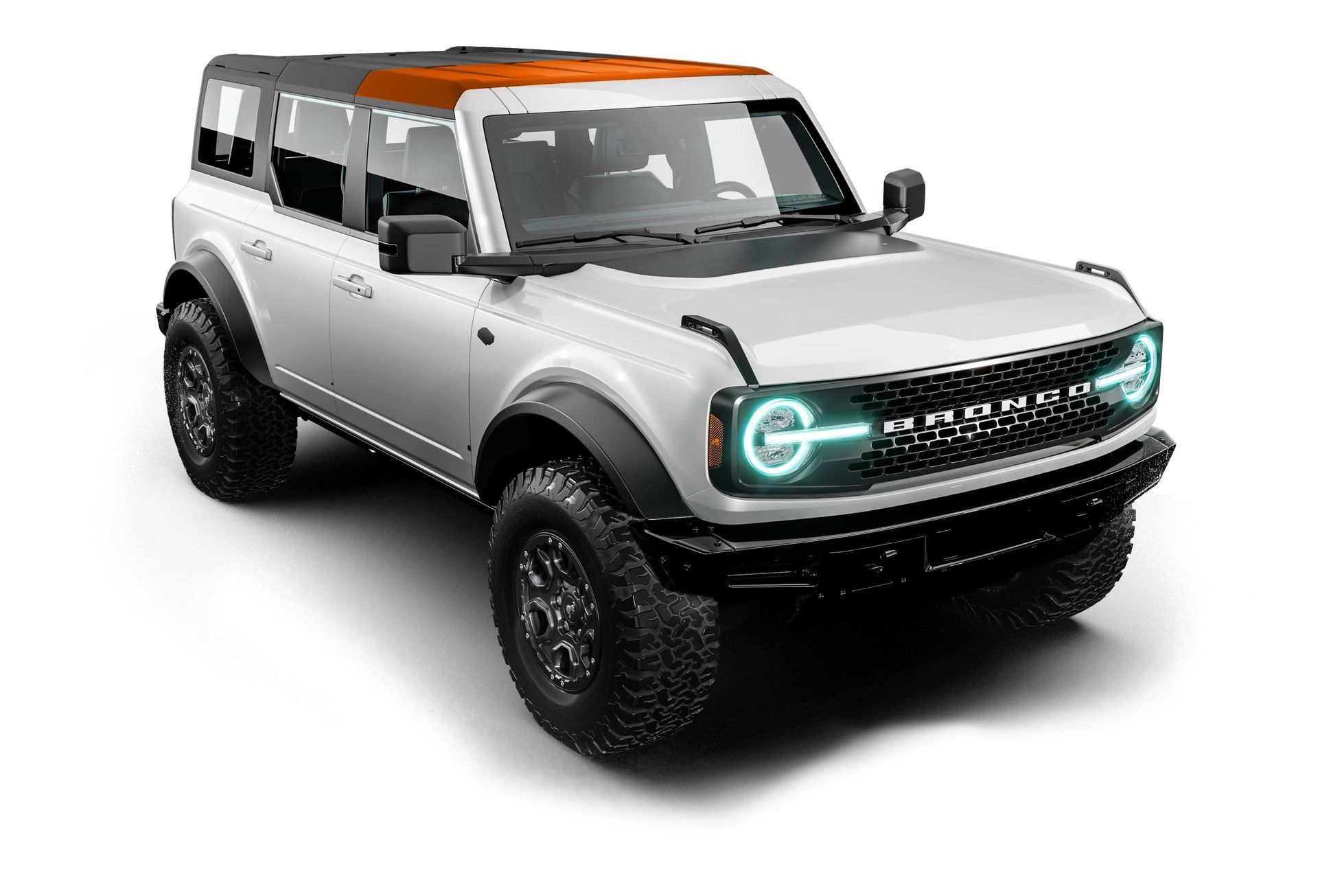 White off-road SUV with black trim, orange roof, and glowing blue headlights on a white background