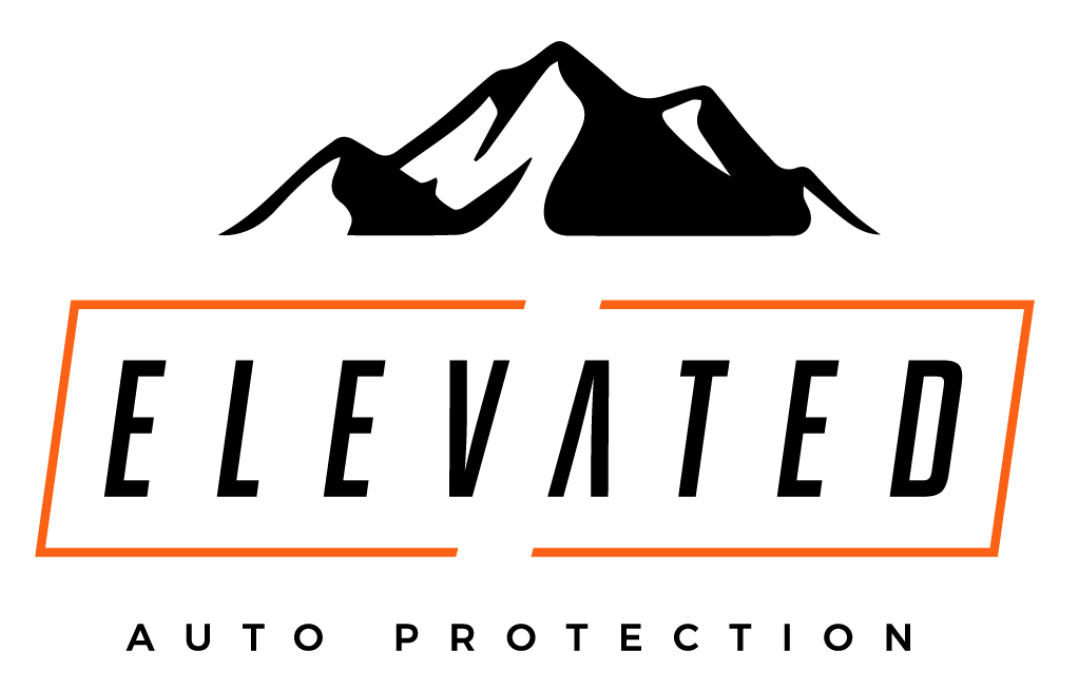 A logo for elevated auto protection with a mountain in the background.