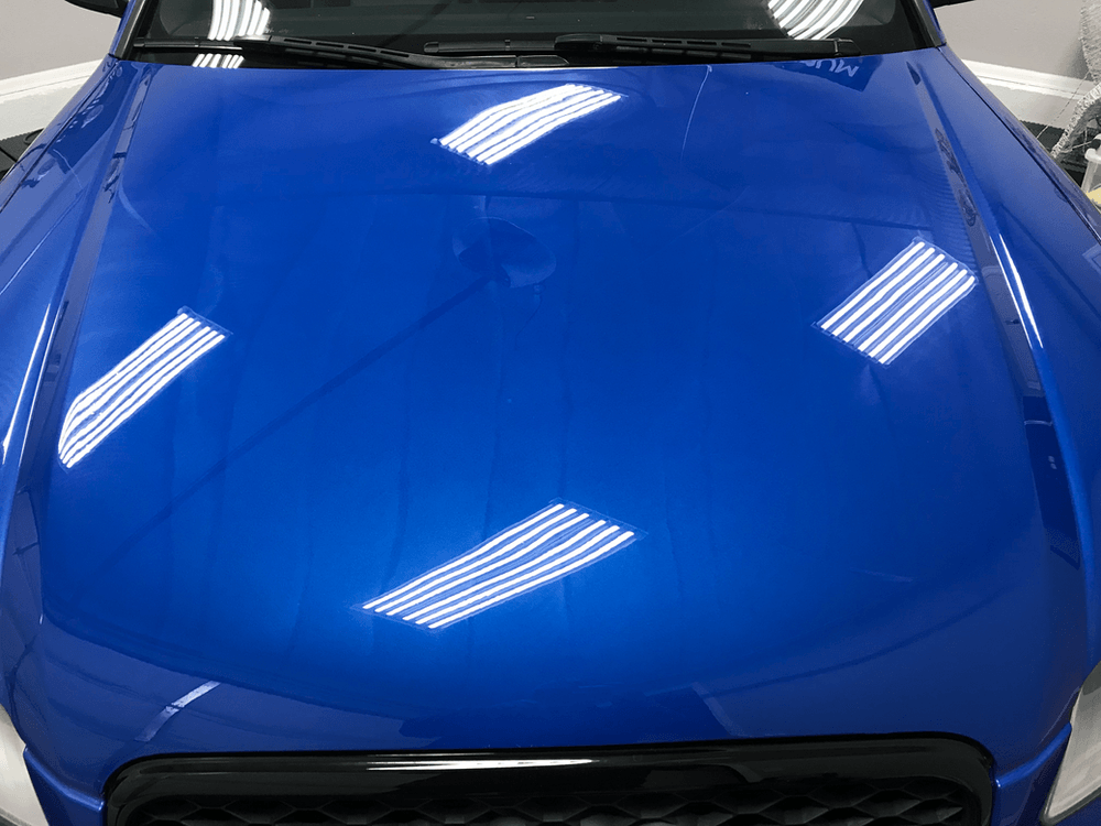 A close up of the hood of a blue car