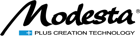 A black and white logo for modesta plus creation technology