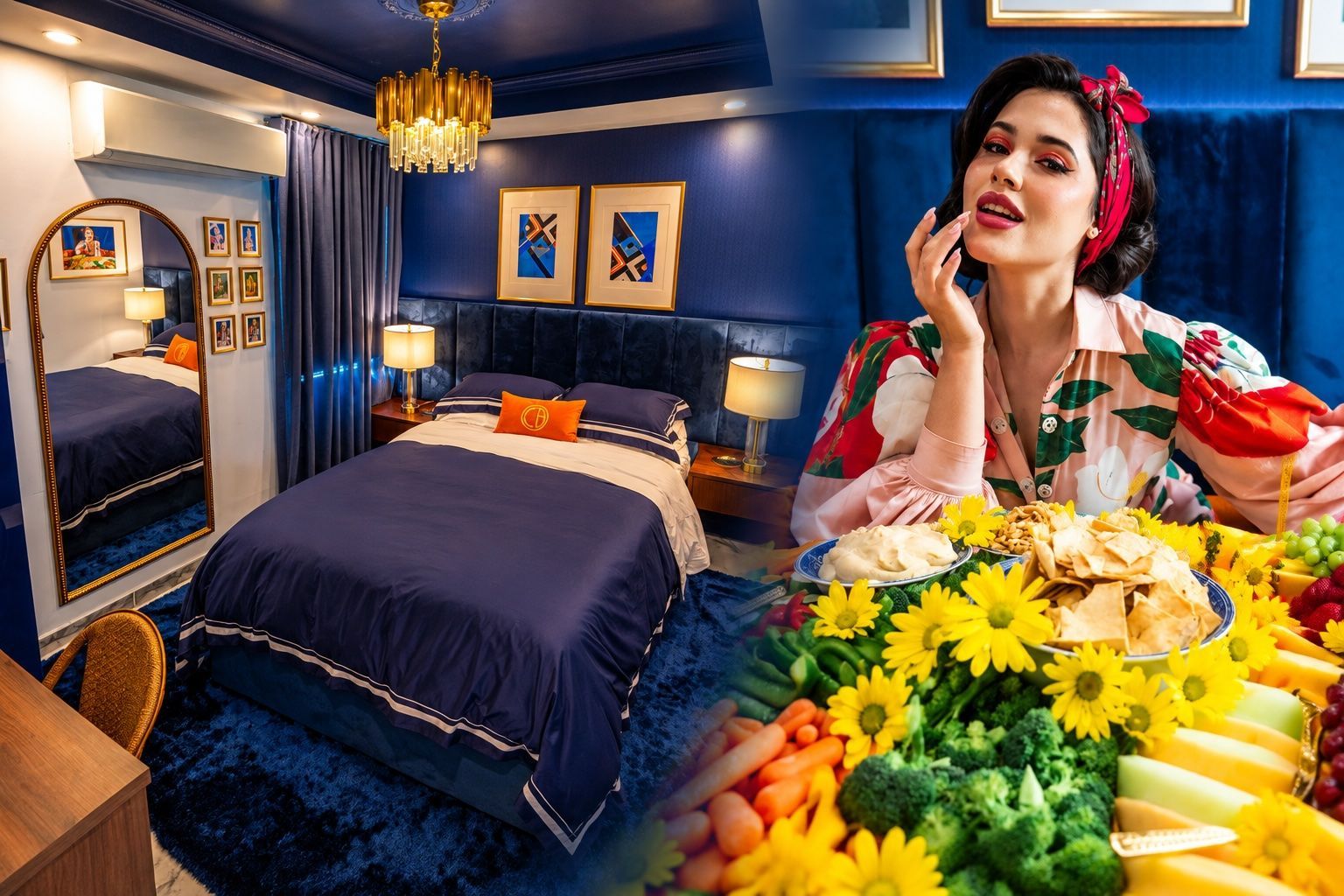 Woman posing in a blue bedroom beside a bouquet of colorful flowers, with a chandelier overhead