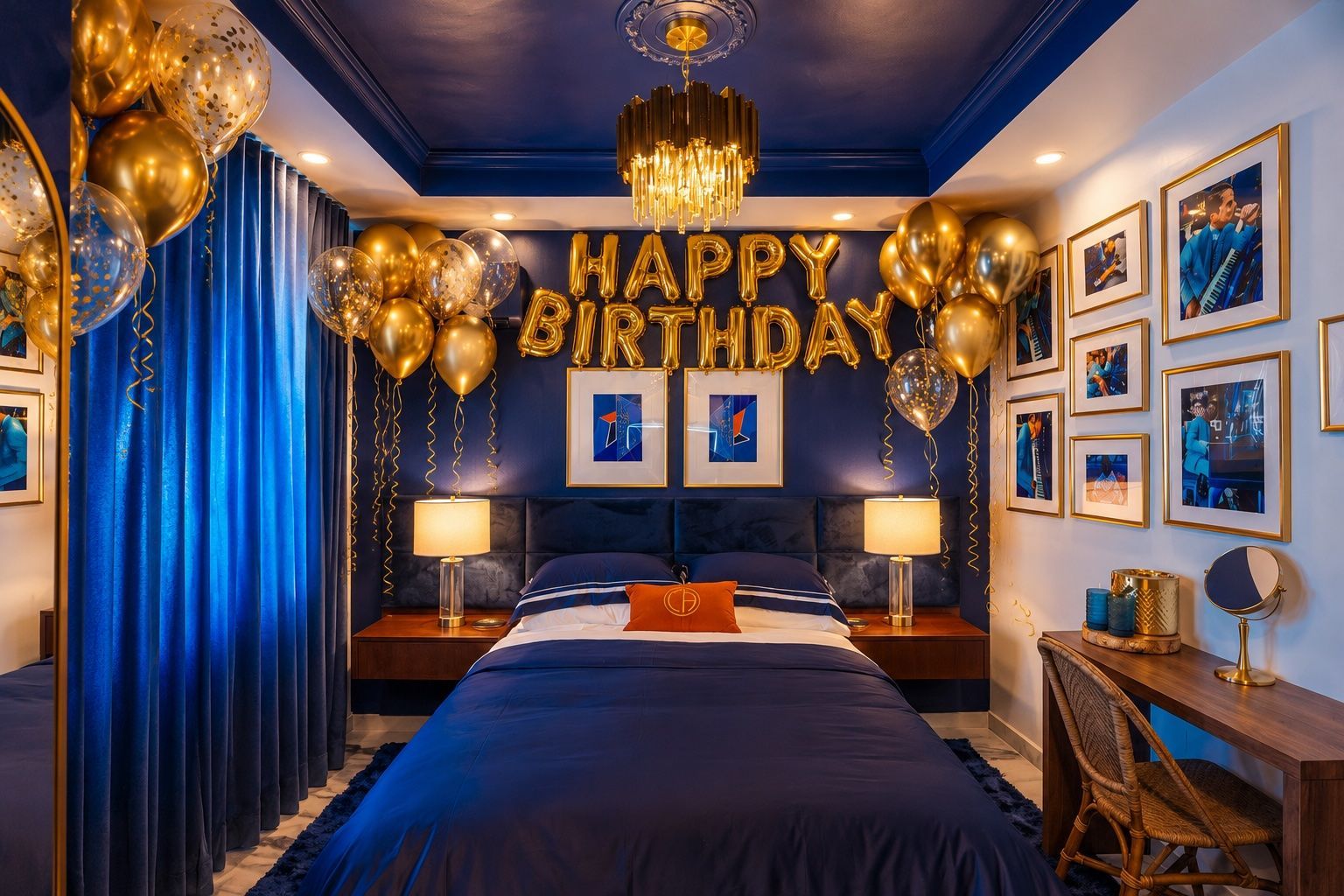Blue bedroom with bed, dresser, rug, and windows.