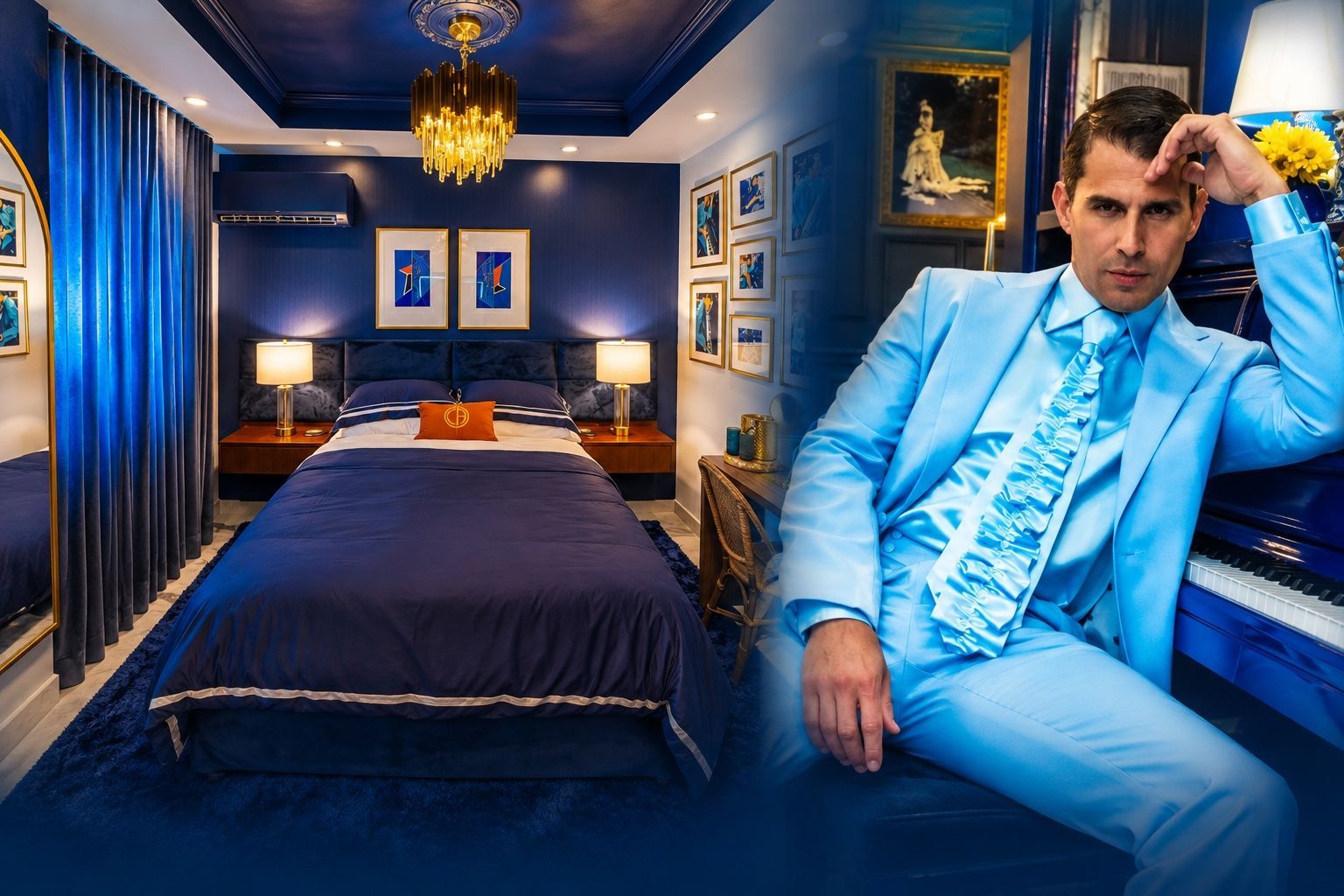 Blue bedroom with a man in a light blue suit sitting beside the bed