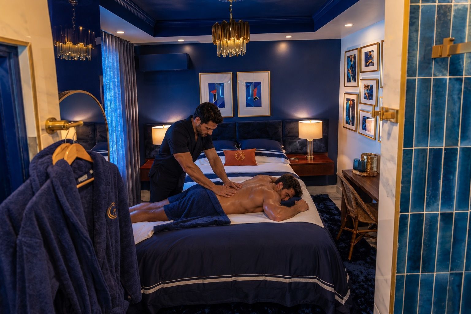 Massage therapist working on a client in a blue hotel spa room