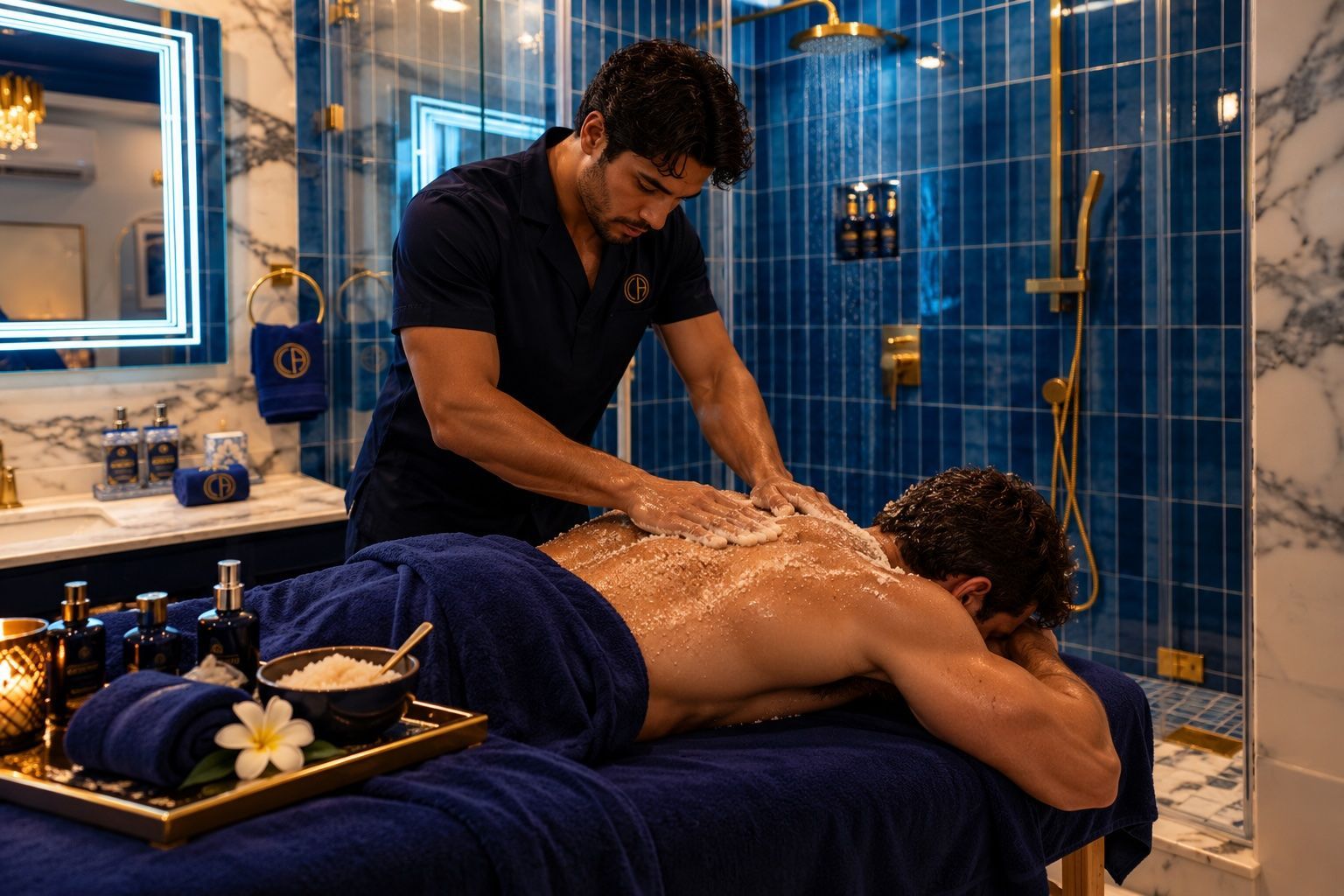Massage therapist giving a back massage in a blue-tiled spa room, with candles and flowers nearby