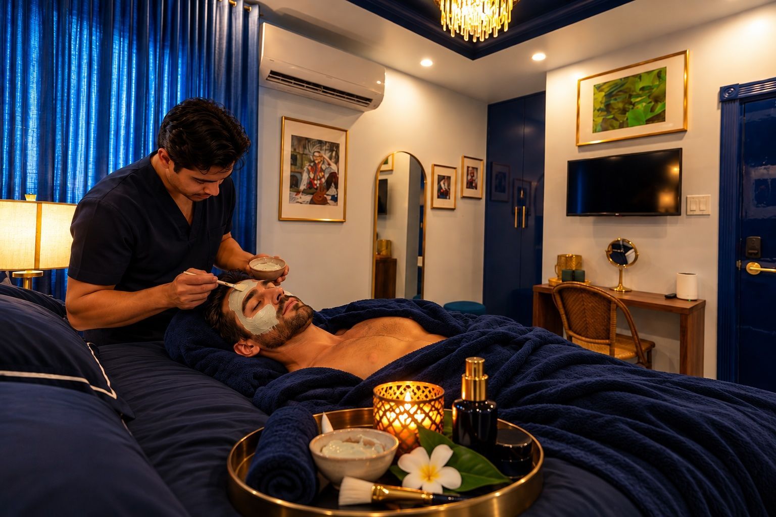 Two massage therapists working on clients in a blue-toned spa treatment room
