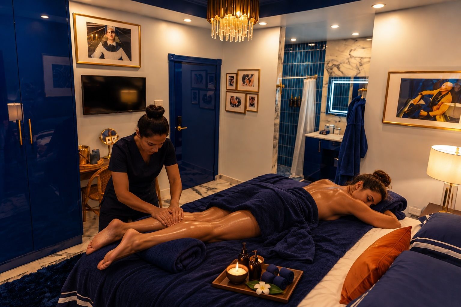 Spa massage room with a therapist massaging a client on a blue-covered table