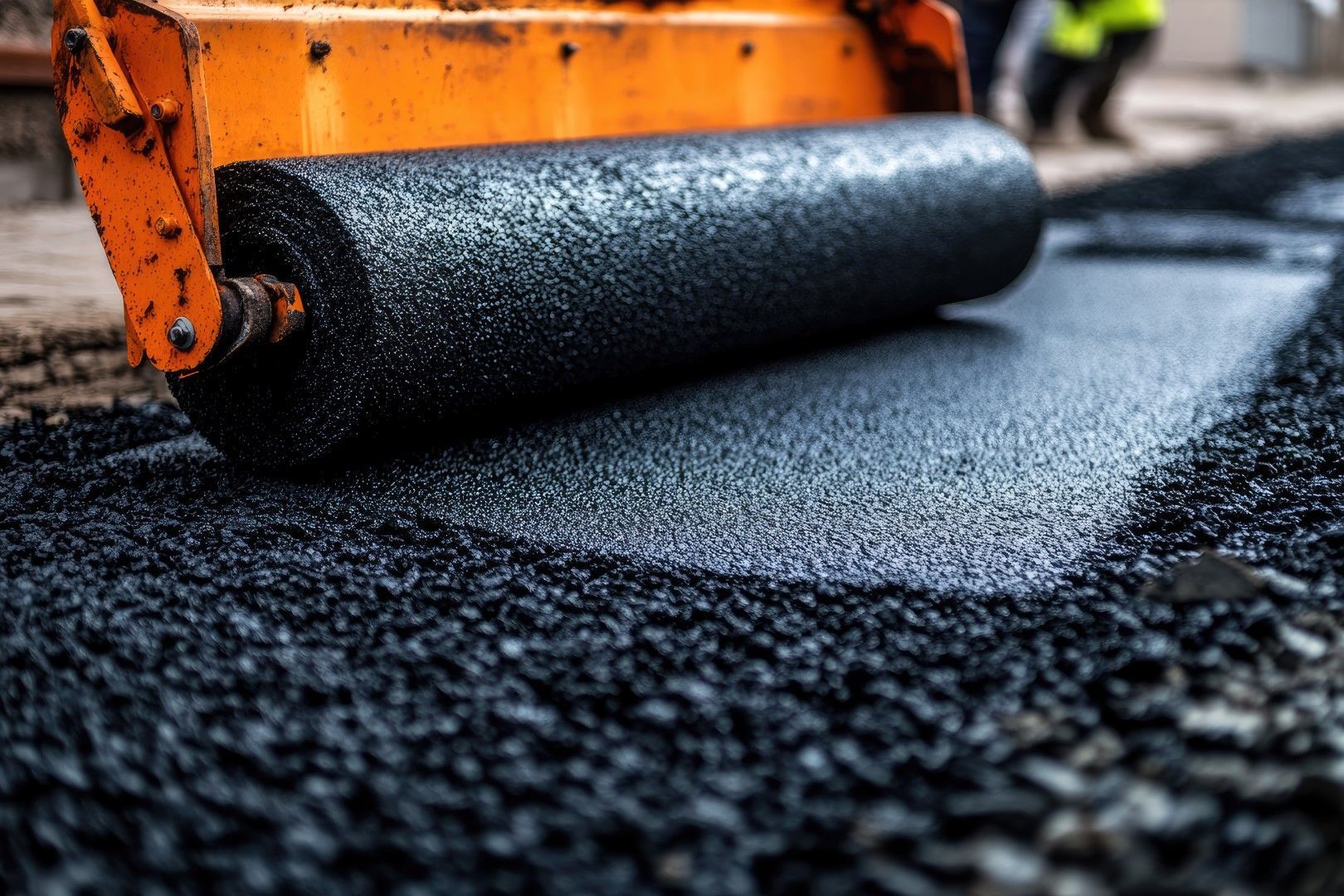 Road roller compacting fresh black asphalt.
