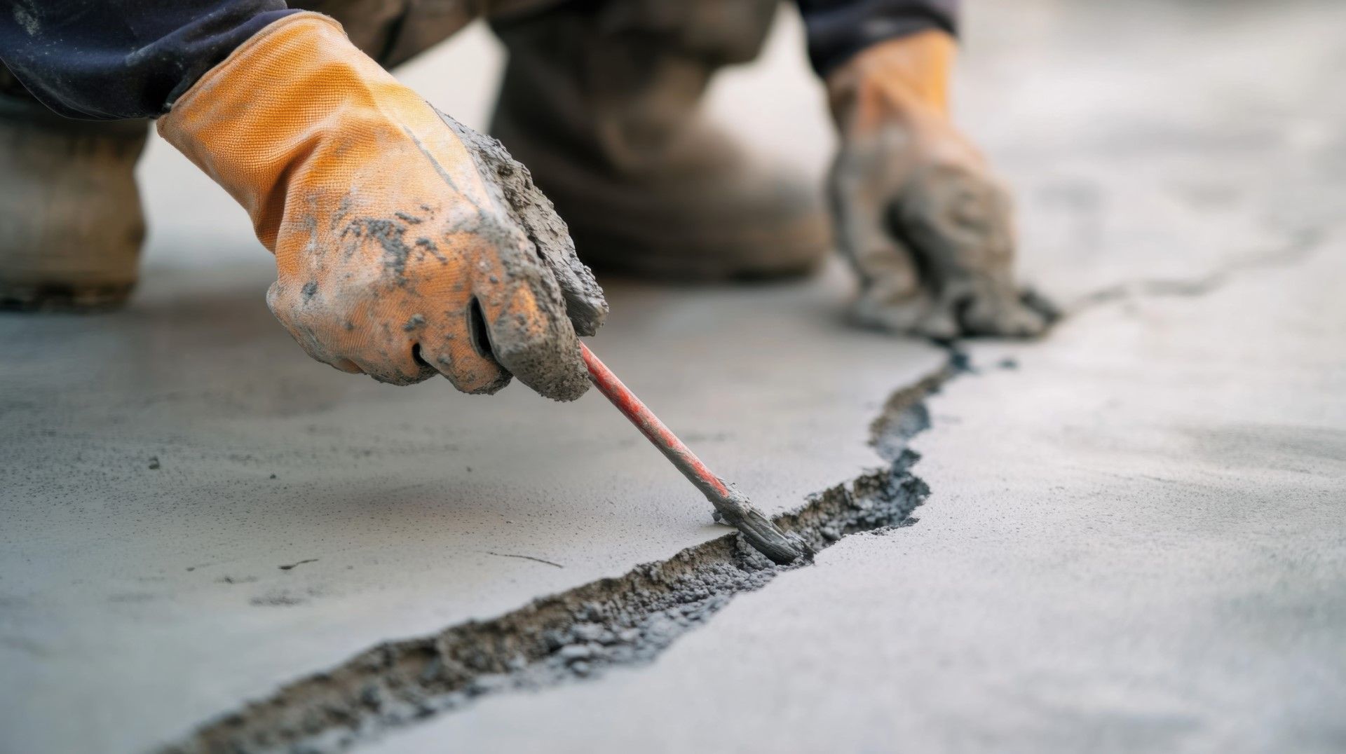 Person in gloves filling a crack in concrete with a tool.