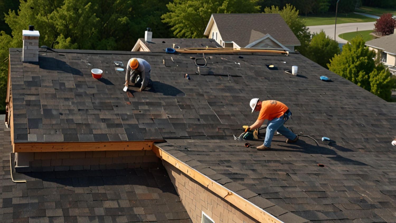 Two men are working on the roof of a house