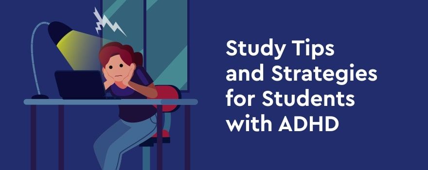 Illustration of a student with ADHD looking at a laptop at a desk, with a title about study tips.