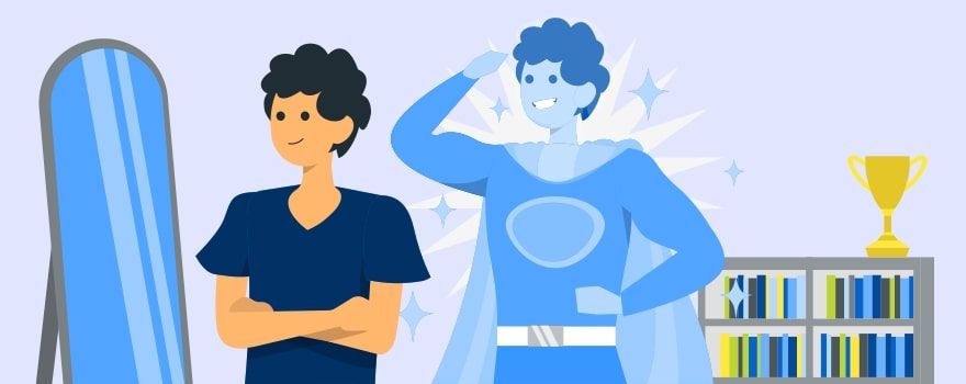 Man looking at a mirror, envisioning himself as a superhero with a cape.