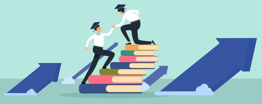 Two graduates climbing stack of books with up arrows in background.