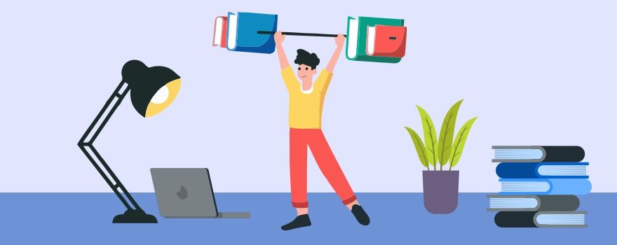 A person lifting a barbell made of books, a desk with a laptop, and a lamp.