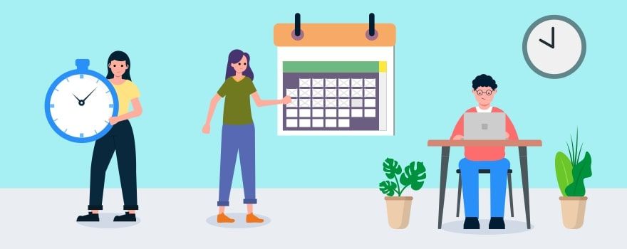 People with clock, calendar, and laptop, representing time management and productivity. People with clock, calendar, and laptop, representing time management and productivity.